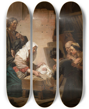 Triptych art skateboard deck of Jan De Bray The Adoration Of The Shepherds by Jan de Bray (1622-1697)