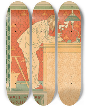 Triptych art skateboard deck of Adolphe Crespin Les Maitres De Laffiche Pl 91 Paul Hankar Architecte Rue Defacqz 63 C by Adolphe Crespin (1859-1944)