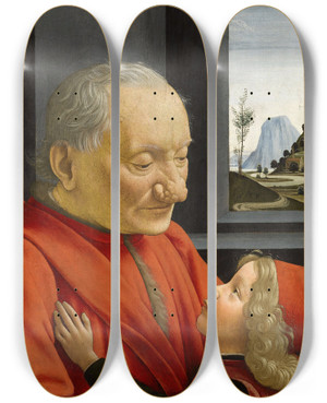 Triptych art skateboard deck of Domenico Ghirlandaio An Old Man And His Grandson by Domenico Ghirlandaio (1449-1494)