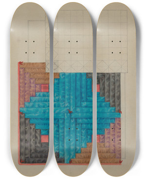 Triptych art skateboard deck of Floyd R Sharp Log Cabin Quilt by Floyd R Sharp