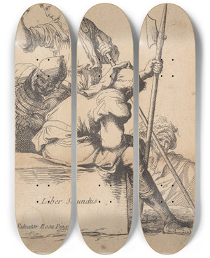 Triptych art skateboard deck of Salvator Rosa Three Soldiers One Seated On A Square Block Of Stone by Salvator Rosa (1615-1673) Triptych art skateboard deck of Salvator Rosa Three Soldiers One Seated On A Square Block Of Stone by Salvator Rosa (1615-1673)