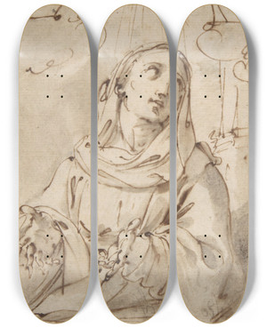 Triptych art skateboard deck of Ubaldo Gandolfi Half Figure Of A Female Saint by Ubaldo Gandolfi (1728-1781)