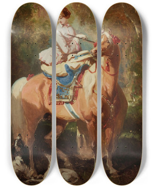 Triptych art skateboard deck of Alfred De Dreux Amazone Blonde Regardant Deux Chiens Et Un Cheval Alezan Clair by Alfred De Dreux (1810-1860)