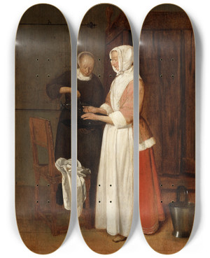 Triptych art skateboard deck of Quirijn Van Brekelenkam A Woman Washing Her Hands by Quirijn Van Brekelenkam (1622-1669)