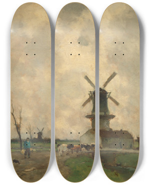 Triptych art skateboard deck of Johan Hendrik Weissenbruch The Mill by Johan Hendrik Weissenbruch (1824-1903)