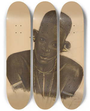 Triptych art skateboard deck of Alexandre Jacovleff Femme Mgogo Dodoma by Alexandre Jacovleff (1887-1938)