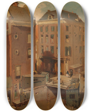 Triptych art skateboard deck of Charles Rochussen The Osjessluis Near Kalverstraat In Amsterdam by Charles Rochussen (1814-1894)