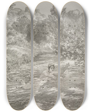 Triptych art skateboard deck of Flix Bracquemond The Bather by Felix Bracquemond (1833-1914)