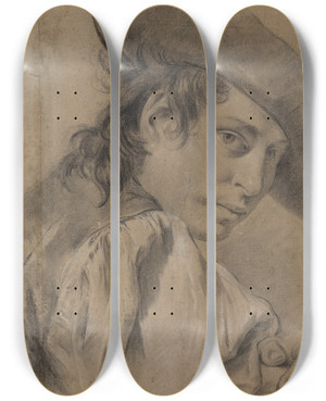 Triptych art skateboard deck of Giovanni Battista Piazzetta A Young Man In A Broad Hat by Giovanni Battista Piazzetta (1682-1754)