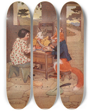 Triptych art skateboard deck of Maria Louise Kirk The One Who Ate The Least Was Pinocchio by Maria Louise Kirk (1860-1938)