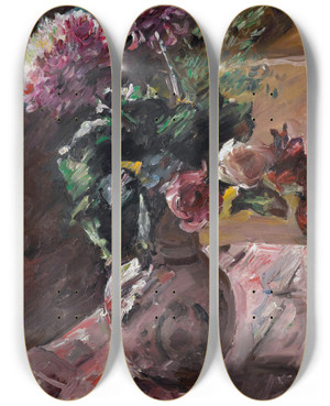 Triptych art skateboard deck of Lovis Corinth Chrysanthemen Und Rosen Im Krug Chrysanthemums And Roses In A Pitcher by Lovis Corinth (1858-1925)