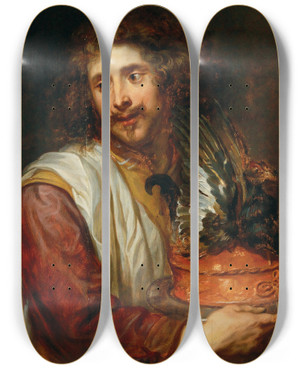 Triptych art skateboard deck of Jan Cossiers A Young Man With A Bird Pie by Jan Cossiers (1600-1671)