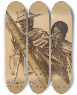 Triptych art skateboard deck of Alexandre Jacovleff Musicians Malgaches Tananarive by Alexandre Jacovleff (1887-1938)