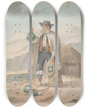 Triptych art skateboard deck of Alfred Diston Tenerifeman Of Tacoronte by Alfred Diston (1793-1861)