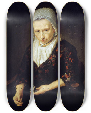 Triptych art skateboard deck of Johann Bernhard Scheffer Vieille Femme Prisant by Johann Bernhard Scheffer (1773-1809)