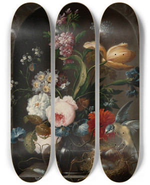 Triptych art skateboard deck of Johann Baptist Drechsler Still Life Of Roses Morning Glories Primroses A Tulip And Other Flowers In A Glass Vase With A Bird And Birds Nest by Johann Baptist Drechsler (1756-1811)