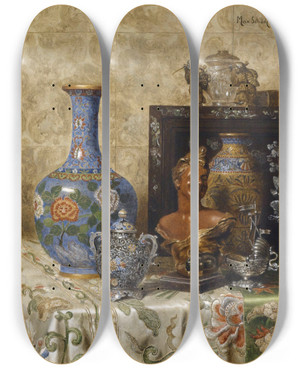 Triptych art skateboard deck of Max Schdl Stillleben Mit Asiatischen Vasen by Max Schodl (1834-1921)