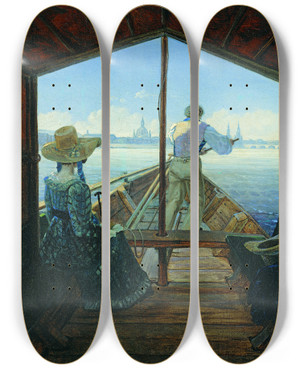 Triptych art skateboard deck of Carl Gustav Carus Barge Trip On The Elbe Near Dresden Morning On The Elbe by Carl Gustav Carus (1789-1869)