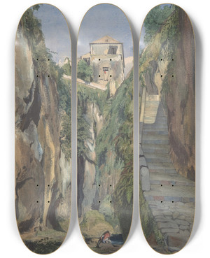 Triptych art skateboard deck of Thomas Hartley Cromek A Glen In Sorrento by Thomas Hartley Cromek (1809-1873)