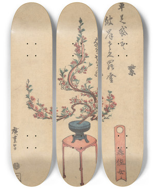 Triptych art skateboard deck of And Hiroshige Cherry Flowers In Blue Pot On Stand by Ando Hiroshige (1797-1858)