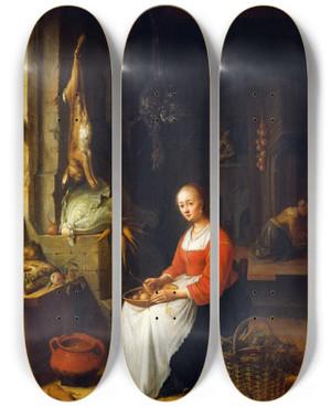 Triptych art skateboard deck of Jan Adriaensz Van Staveren Kitchen Scene by Jan Adriaensz Van Staveren (1614-1669)