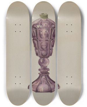 Triptych art skateboard deck of Marcus Moran Amethyst Glass Oil Lamp by Marcus Moran