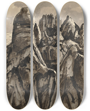 Triptych art skateboard deck of Hermann Lismann Montserrat_1 by Hermann Lismann (1878-1943)