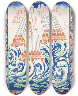 Triptych art skateboard deck of Natalia Goncharova Conte De Tsar Saltan Et De Son Fils Le Glorieux Et Puissant Prince Gvidon Saltanovitch Et De Sa Belle Princesse Cygne Pl 9 by Natalia Goncharova (1881-1962)