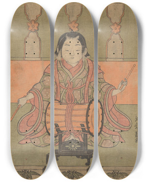 Triptych art skateboard deck of Korysai Isoda Man With Drum by Isoda Koryusai (1735-1790)