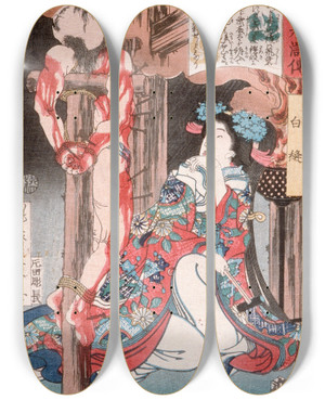 Triptych art skateboard deck of Tsukioka Yoshitoshi Shiranui Kneeling Beside A Crucified Man by Tsukioka Yoshitoshi (1839-1892)