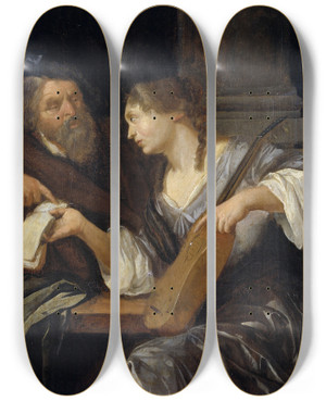 Triptych art skateboard deck of Jacob Toorenvliet The Music Lesson by Jacob Toorenvliet (1640-1719)