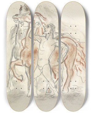 Triptych art skateboard deck of Leo Gestel Schetsblad Met Naakte Man Die Twee Paarden In Bedwang Houdt by Leo Gestel (1881-1941)