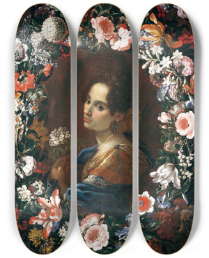 Triptych art skateboard deck of Mario Nuzzi Portrait Of A Lady Surrounded By A Garland Of Flowers by Mario Nuzzi (1603-1673)