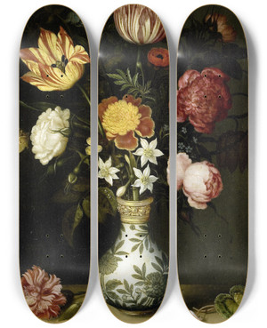 Triptych art skateboard deck of Ambrosius Bosschaert The Elder Still Life With Flowers In A Wanli Vase by Ambrosius Bosschaert The Elder (1573-1621)