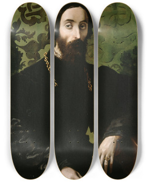 Triptych art skateboard deck of Girolamo Mazzola Bedoli Portrait Of A Musician by Girolamo Mazzola Bedoli (1500-1569)