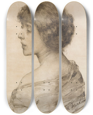 Triptych art skateboard deck of Alexei Harlamoff Portrait Of A Lady by Alexei Harlamoff (1840-1925)