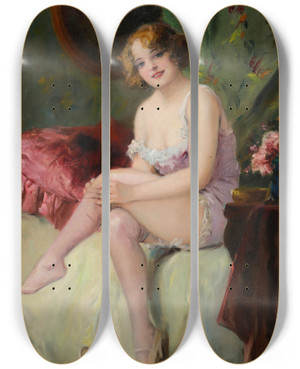 Triptych art skateboard deck of Richard Geiger Dame Im Boudoir by Richard Geiger (1870-1945)