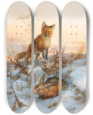 Triptych art skateboard deck of Carl Gerber Fox And Hare by Carl Gerber (1839-1866)