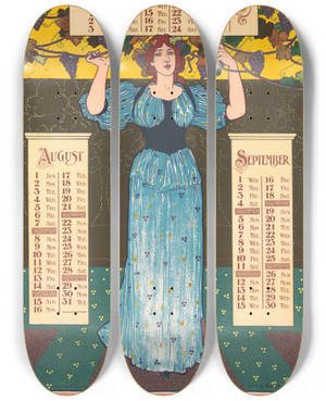 Triptych art skateboard deck of Louis Rhead Poster Calendar For 1897 July August September by Louis Rhead (1857-1926)