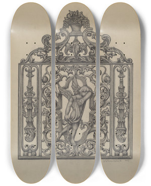 Triptych art skateboard deck of Austin L Davison Gate For Cemetary Plot by Austin L Davison