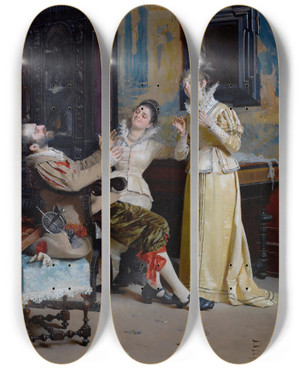 Triptych art skateboard deck of Giovanni Paolo Bedini Winding The Skein by Giovanni Paolo Bedini (1844-1924)