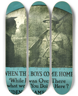 Triptych art skateboard deck of Wladyslaw Theodore Benda When The Boys Come Home While I Was Over There What Were You Doing Here Students Of America How Will You Answer Him by Wladyslaw Theodore Benda (1873-1948)