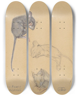 Triptych art skateboard deck of Bernard Willem Wierink Drie Studies Van Een Bosmuis by Bernard Willem Wierink (1856-1939)