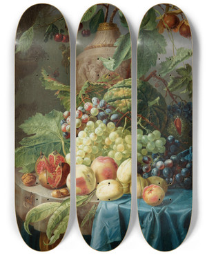 Triptych art skateboard deck of Johannes Hendrik Fredriks Still Life With Fruit On A Stone Table by Johannes Hendrik Fredriks (1751-1822)