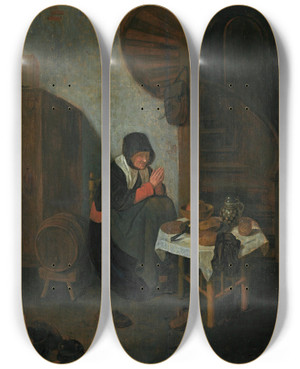 Triptych art skateboard deck of Quirijn Van Brekelenkam An Old Woman In An Interior Saying Grace Before A Meal by Quirijn Van Brekelenkam (1622-1669)