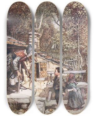 Triptych art skateboard deck of Arthur Rackham Ali At Once The Door Opened And An Old Old Woman Supporting Herself On A Crutch Came Hobbling Out by Arthur Rackham (1867-1939)