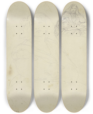 Triptych art skateboard deck of Philipp Winterwerb Studienblatt Lesender In Altdeutscher Tracht Weibliches Bildnis by Philipp Winterwerb (1837-1873)