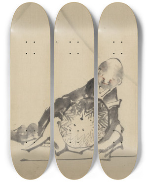 Triptych art skateboard deck of Katsushika Hokusai A Monk Reclining Holding A Large Conical Hat In Front Of Him With View Of Mount Fuji In The Background by Katsushika Hokusai (1760-1849)