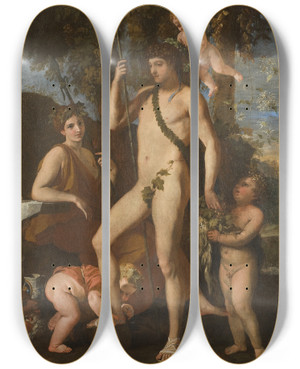 Triptych art skateboard deck of Nicolas Poussin Bacchusapollo_2 by Nicolas Poussin (1594-1665)