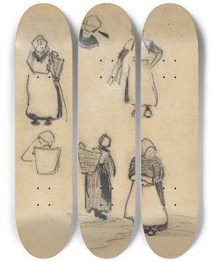 Triptych art skateboard deck of Theo Nieuwenhuis Schetsen Van Vrouwen by Theo Nieuwenhuis (1866-1951)